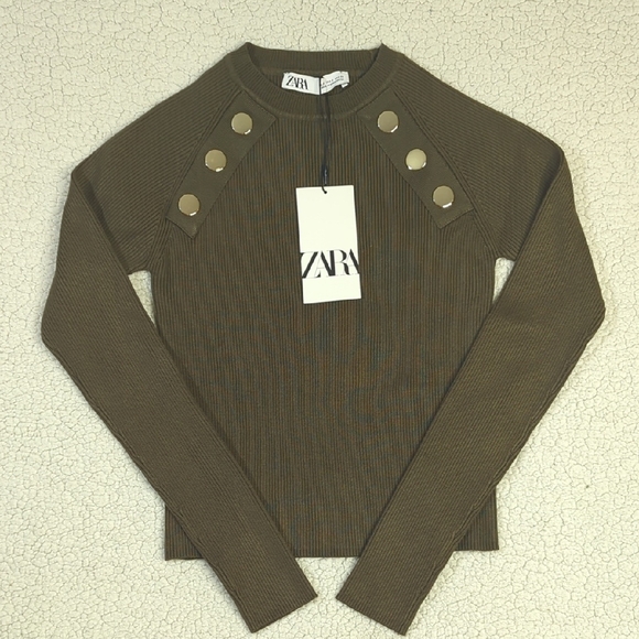 Zara Military Green Top/Sweater with Metallic Accents - Picture 2 of 8